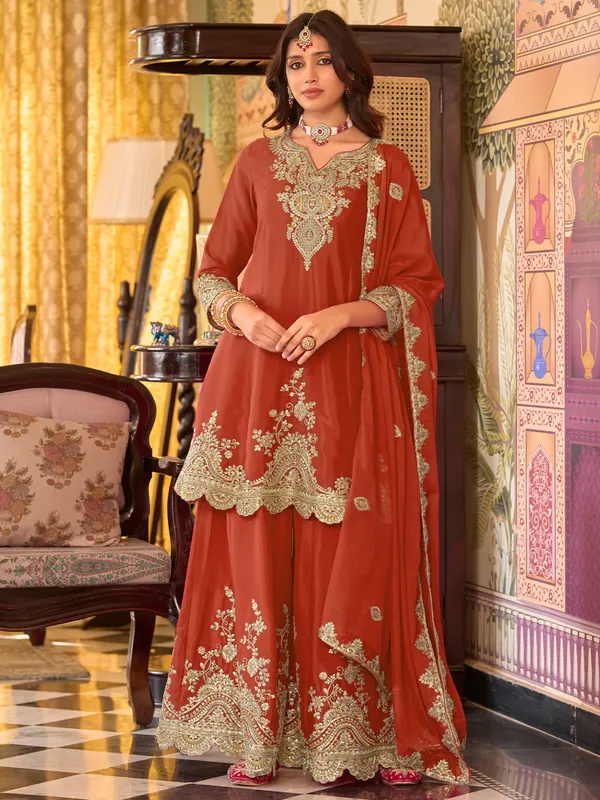 Orange_Embroidered_Chinon_Kurta_Trouser_Dupatta_Set