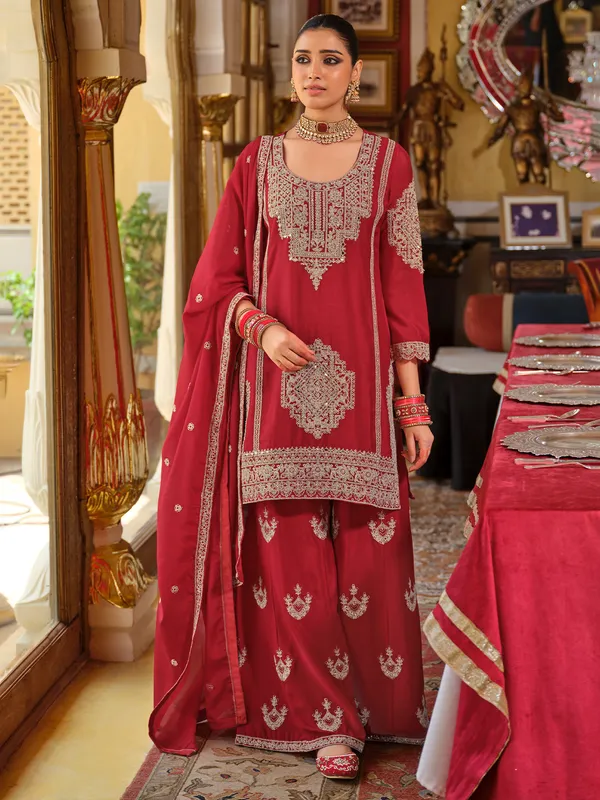 Red_Embroidered_Chinon_Kurta_Trouser_Dupatta_Set