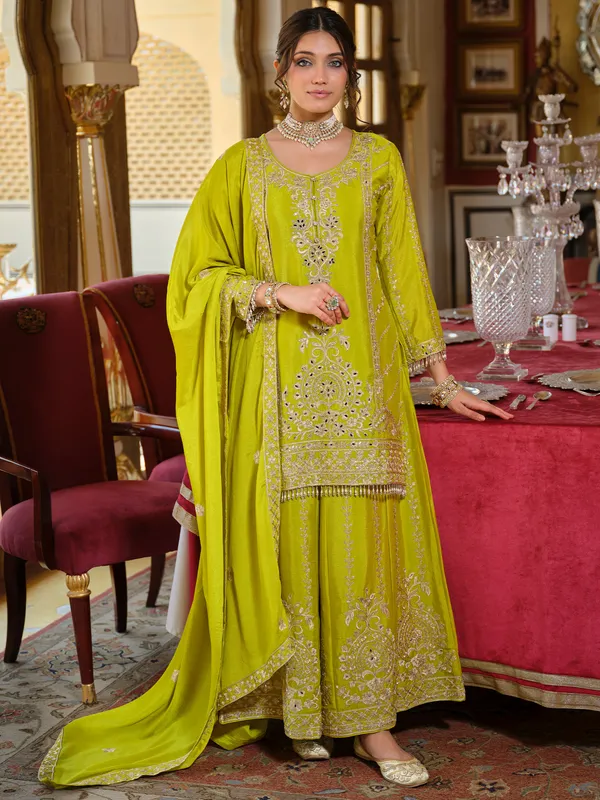 Green_Embroidered_Chinon_Kurta_Trouser_Dupatta_Set