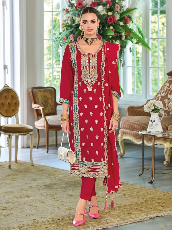 Red_Embroidered_Chinon_Kurta_Trouser_Dupatta_Set