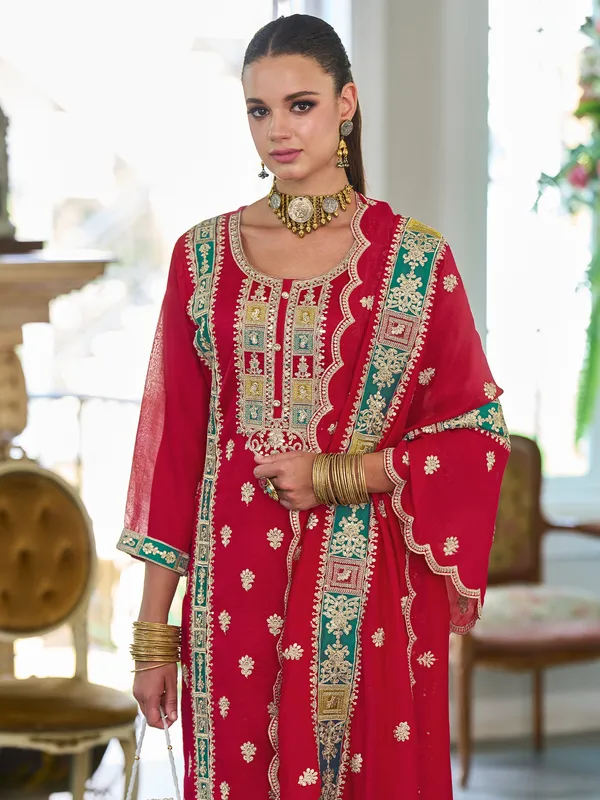 Red_Embroidered_Chinon_Kurta_Trouser_Dupatta_Set
