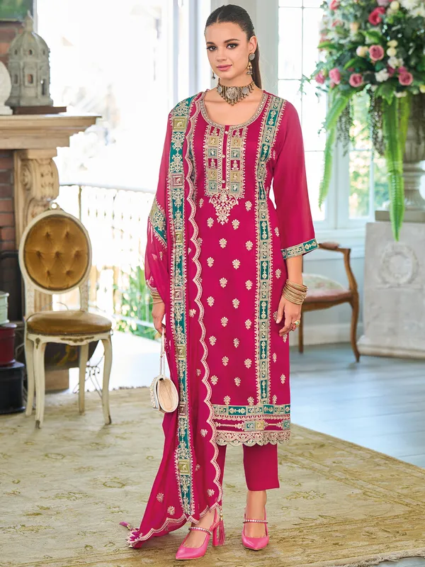 Pink_Embroidered_Chinon_Kurta_Trouser_Dupatta_Set
