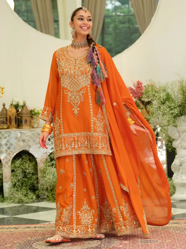Orange_Embroidered_Straight_Kurta_Skirt_With_Dupatta_set