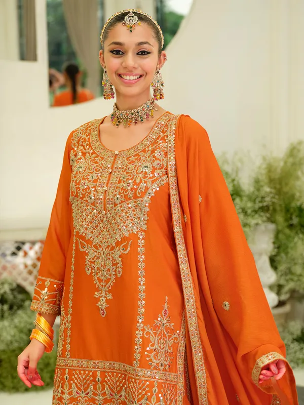 Orange_Embroidered_Straight_Kurta_Skirt_With_Dupatta_set