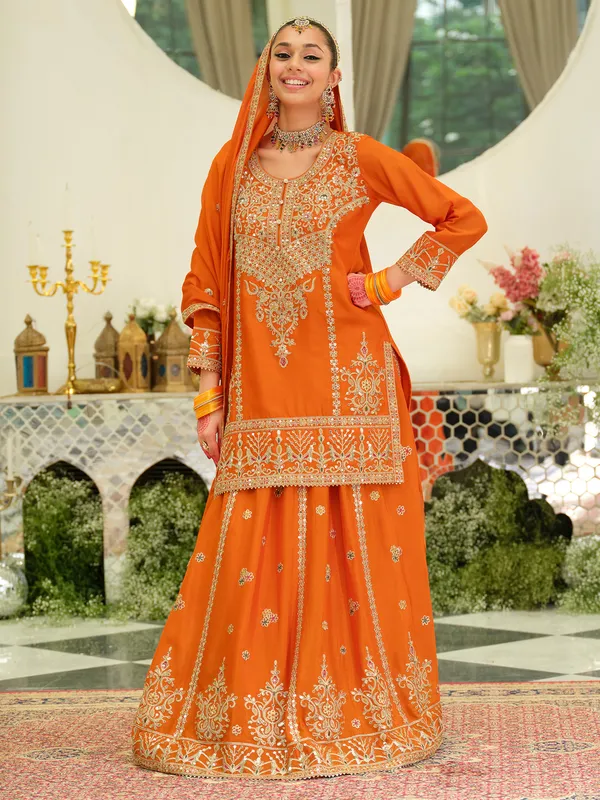 Orange_Embroidered_Straight_Kurta_Skirt_With_Dupatta_set