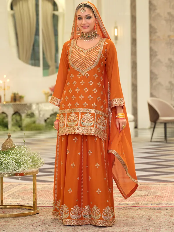 Orange_Embroidered_Straight_Kurta_Skirt_With_Dupatta_set