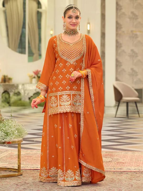 Orange_Embroidered_Straight_Kurta_Skirt_With_Dupatta_set