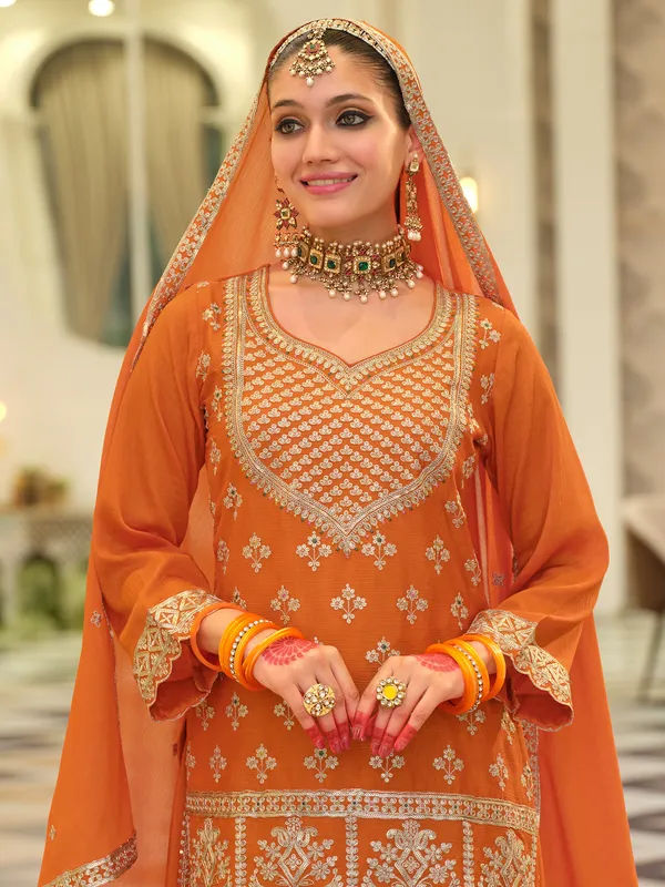 Orange_Embroidered_Straight_Kurta_Skirt_With_Dupatta_set