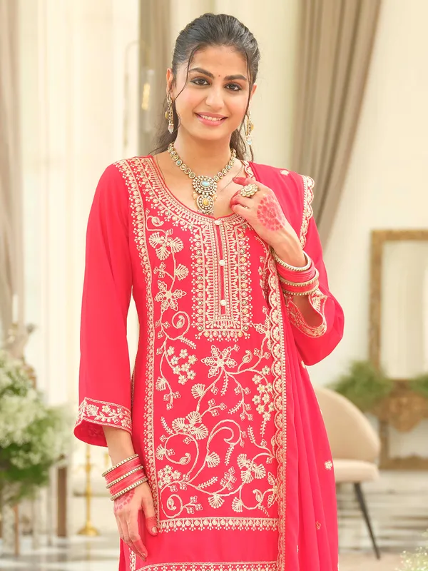 Red_Embroidered_Chinon_Kurta_Trouser_Dupatta_Set