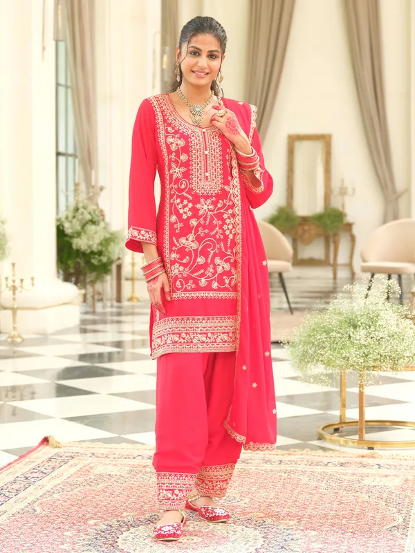 Red_Embroidered_Chinon_Kurta_Trouser_Dupatta_Set