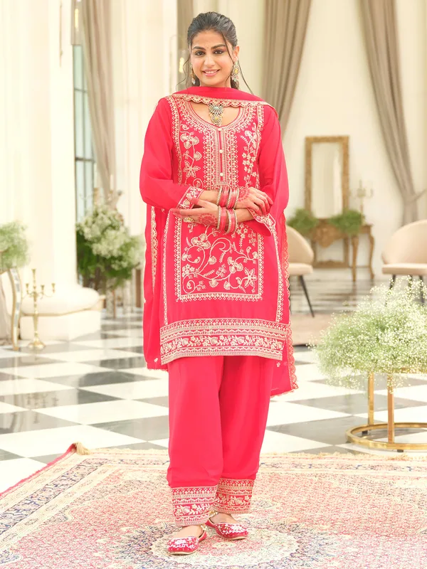 Red_Embroidered_Chinon_Kurta_Trouser_Dupatta_Set