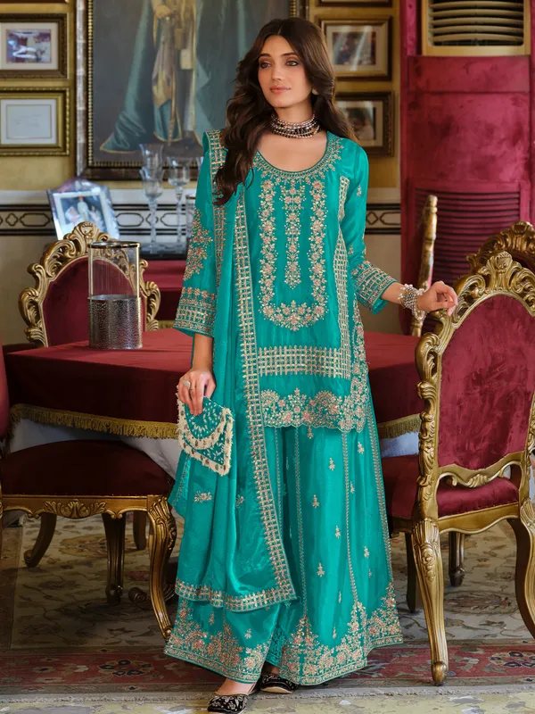 Teal_Embroidered_Chinon_Kurta_Trouser_Dupatta_Set