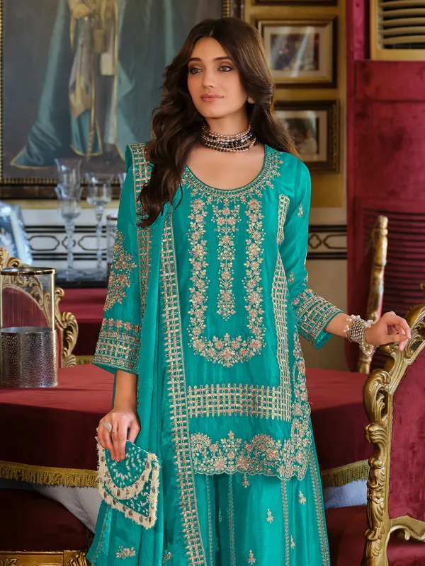 Teal_Embroidered_Chinon_Kurta_Trouser_Dupatta_Set