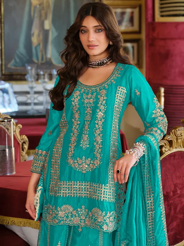 Teal_Embroidered_Chinon_Kurta_Trouser_Dupatta_Set