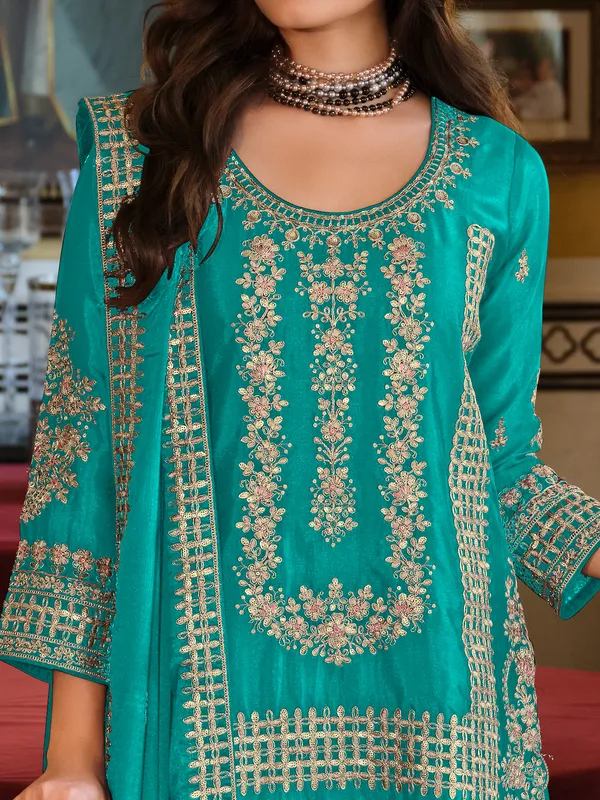 Teal_Embroidered_Chinon_Kurta_Trouser_Dupatta_Set