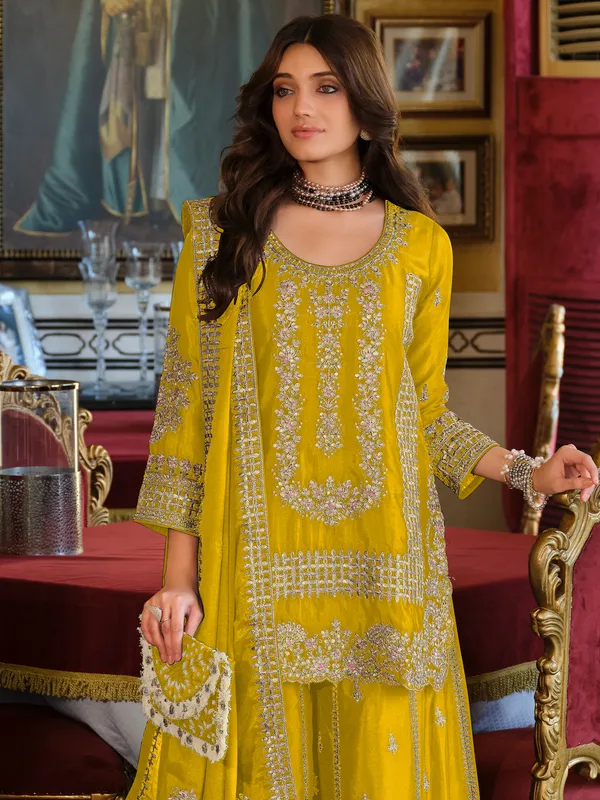 Yellow_Embroidered_Chinon_Kurta_Trouser_Dupatta_Set