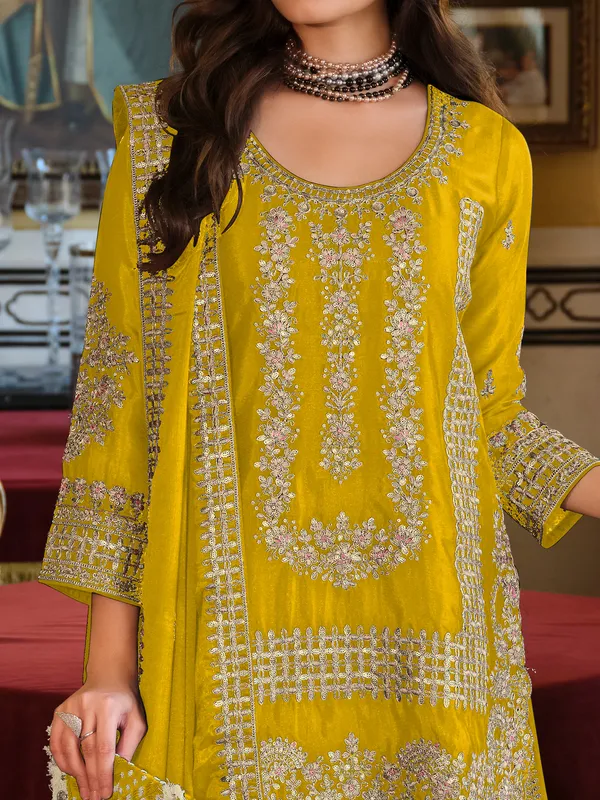 Yellow_Embroidered_Chinon_Kurta_Trouser_Dupatta_Set
