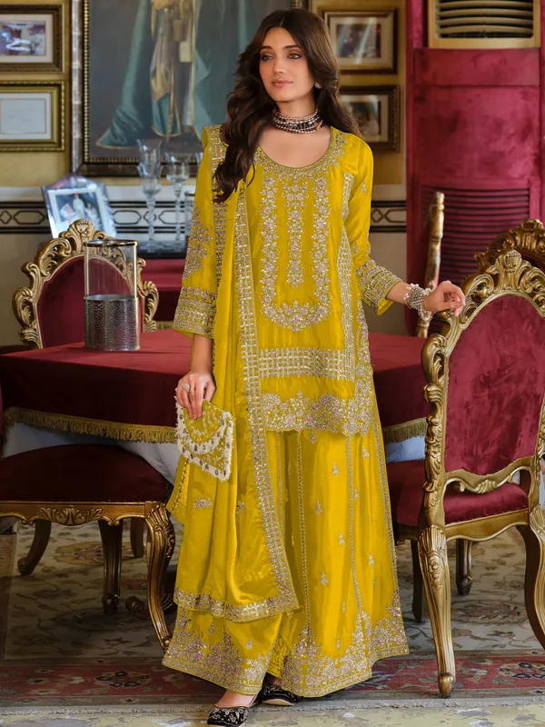 Yellow_Embroidered_Chinon_Kurta_Trouser_Dupatta_Set