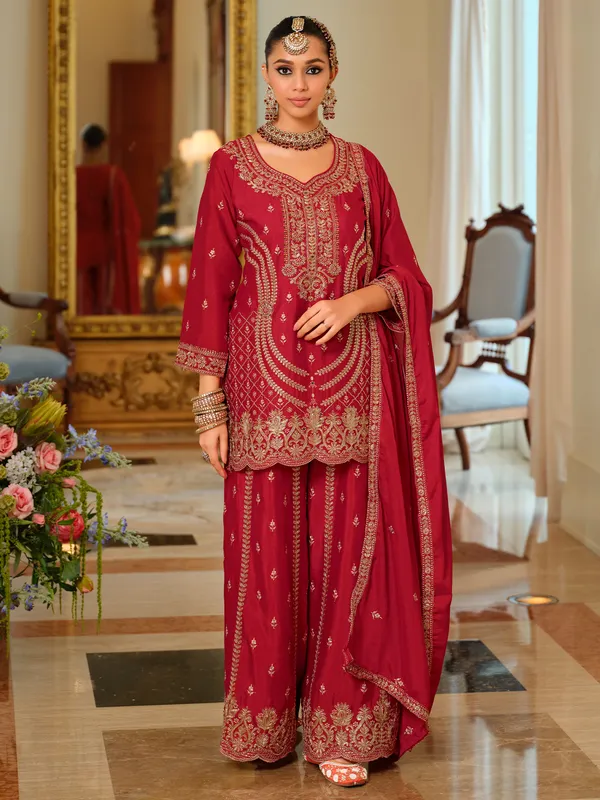 Red_Embroidered_Chinon_Kurta_Trouser_Dupatta_Set