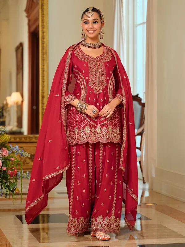Red_Embroidered_Chinon_Kurta_Trouser_Dupatta_Set