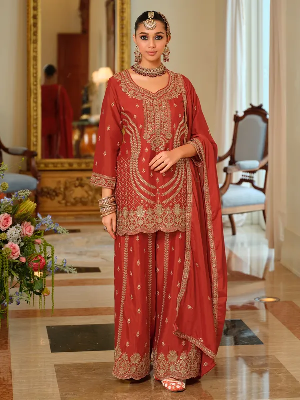 Orange_Embroidered_Chinon_Kurta_Trouser_Dupatta_Set