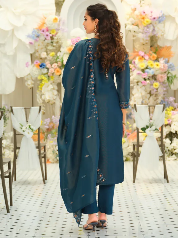 Teal_Embroidered_Silk_Blend_Kurta_Trouser_Dupatta_Set
