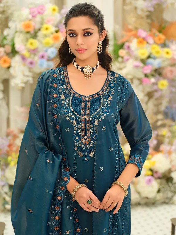 Teal_Embroidered_Silk_Blend_Kurta_Trouser_Dupatta_Set