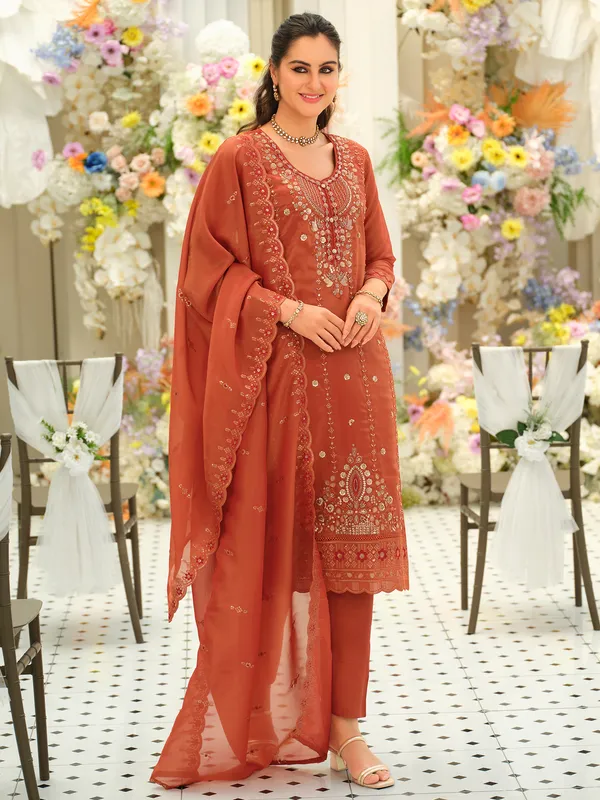 Orange_Embroidered_Silk_Blend_Kurta_Trouser_Dupatta_Set