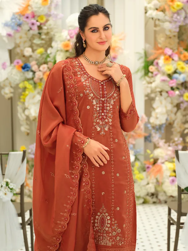 Orange_Embroidered_Silk_Blend_Kurta_Trouser_Dupatta_Set