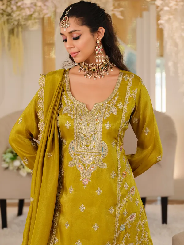 Mustard_Embroidered_A-Line_Kurta_Palazzos_With_Dupatta_Set