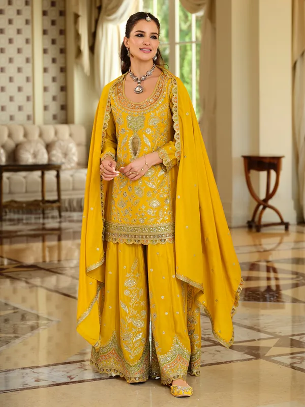Yellow_Embroidered_Straight_Kurta_Palazzos_With_Dupatta_Set