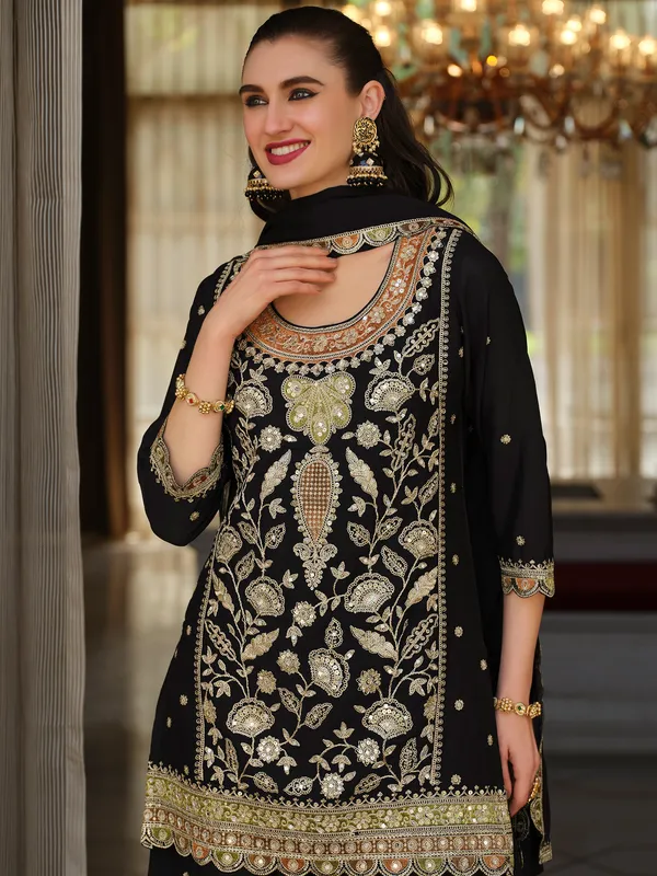 Black_Silk_Blend_Embroidered_Kurta_Trouser_Dupatta_Set