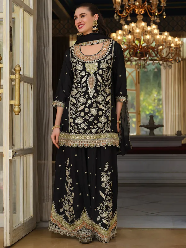 Black_Silk_Blend_Embroidered_Kurta_Trouser_Dupatta_Set