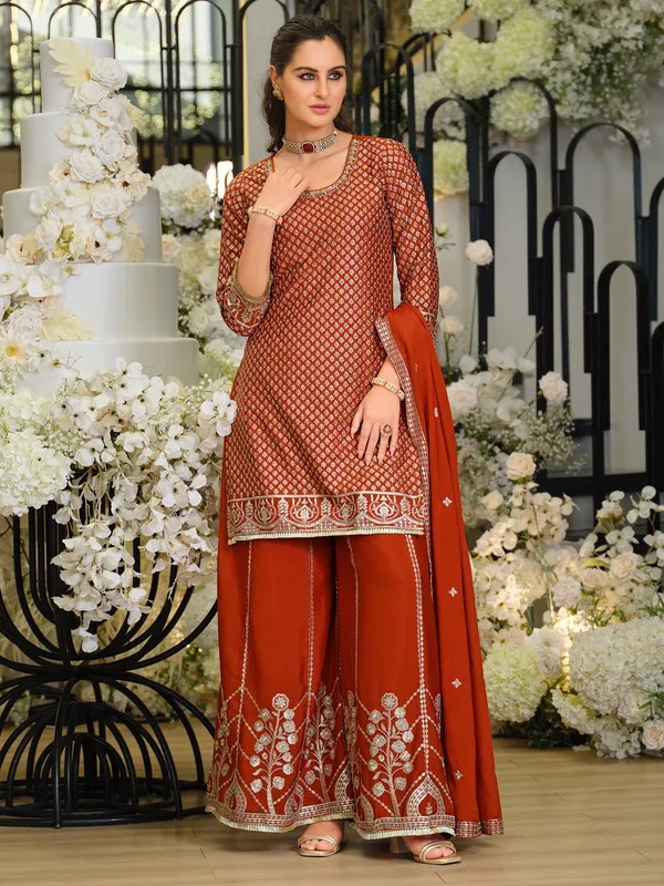 Rust_Silk_Blend_Embroidered_Kurta_Trouser_Dupatta_Set