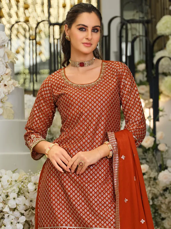Rust_Silk_Blend_Embroidered_Kurta_Trouser_Dupatta_Set