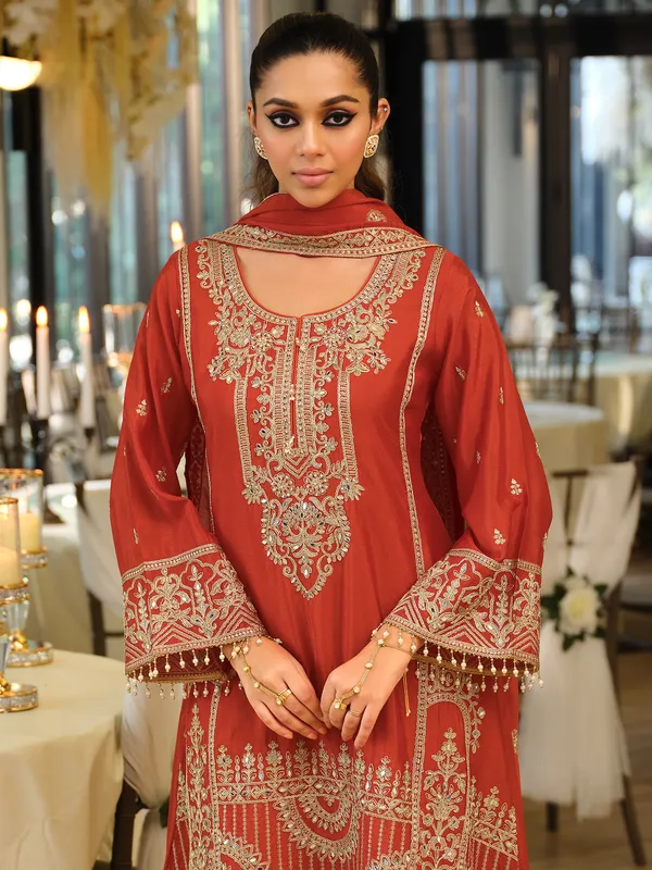 Orange_Embroidered_A-Line_Kurta_Palazzos_With_Dupatta_Set