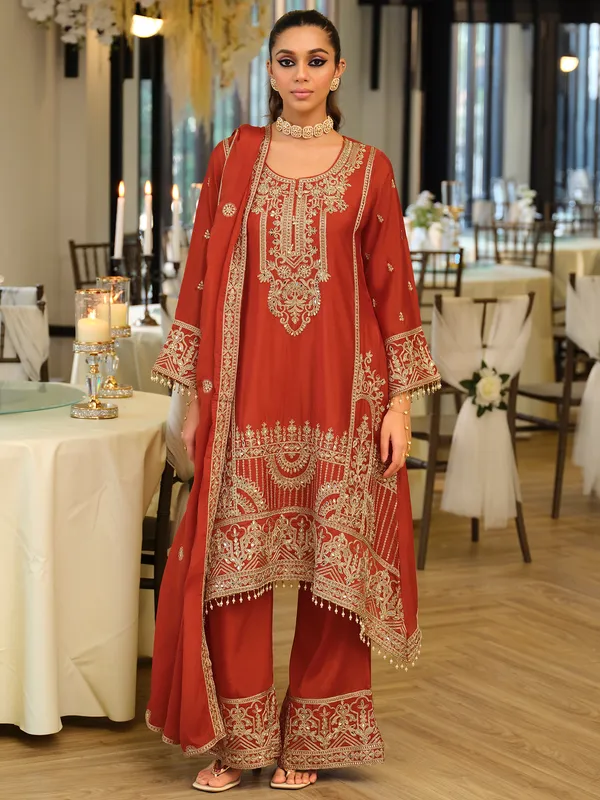 Orange_Embroidered_A-Line_Kurta_Palazzos_With_Dupatta_Set