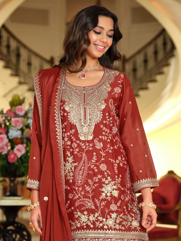 Rust_Silk_Blend_Embroidered_Kurta_Trouser_Dupatta_Set