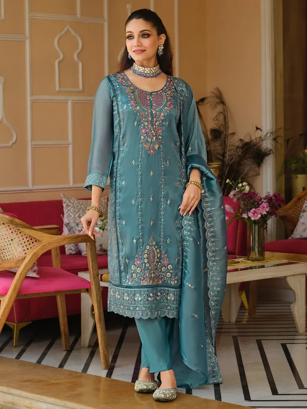 Blue_Silk_Blend_Embroidered_Kurta_Trouser_Dupatta_Set