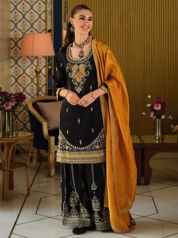 Black_Silk_Blend_Embroidered_Kurta_Trouser_Dupatta_Set