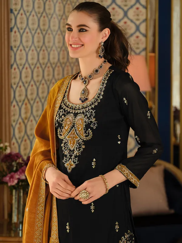 Black_Silk_Blend_Embroidered_Kurta_Trouser_Dupatta_Set