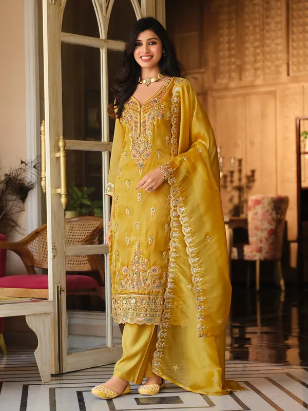 Mustard_Embroidered_Silk_Blend_Kurta_Trouser_Dupatta_Set