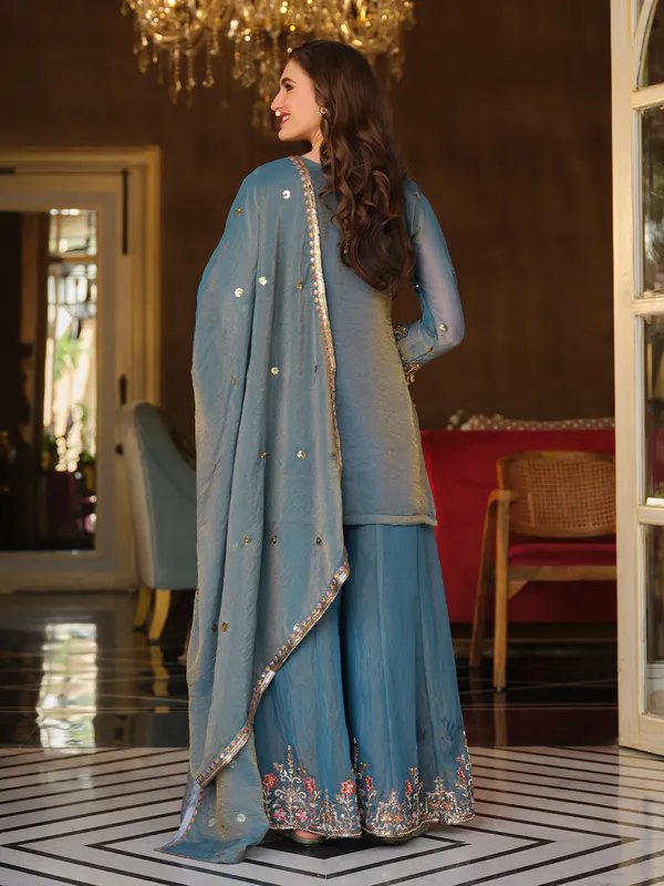 Blue_Embroidered_Silk_Blend_Kurta_Trouser_Dupatta_Set
