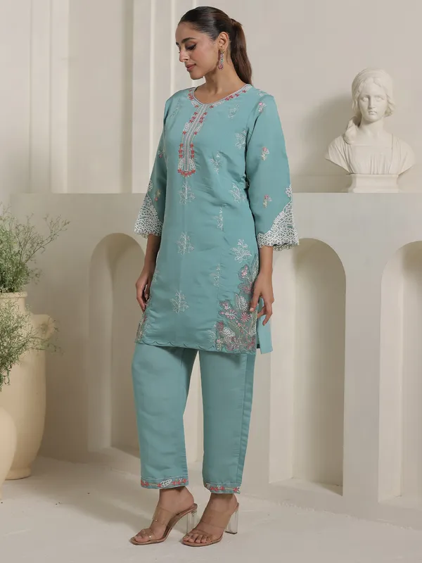 Teal_Silk-Blend_Straight_Kurta_with_Palazzos
