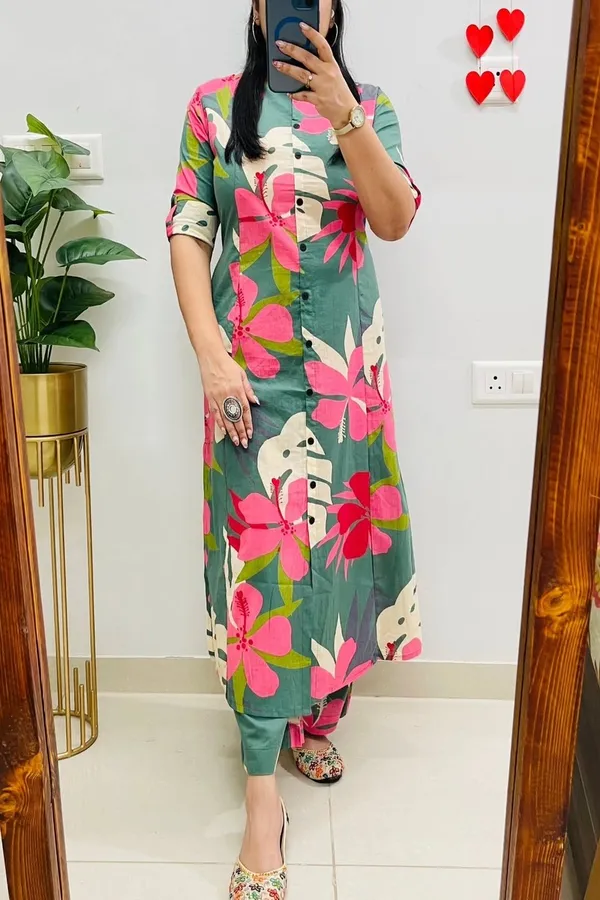 Green_Cotton_Floral_Printed_Kurta_Set_For_Women