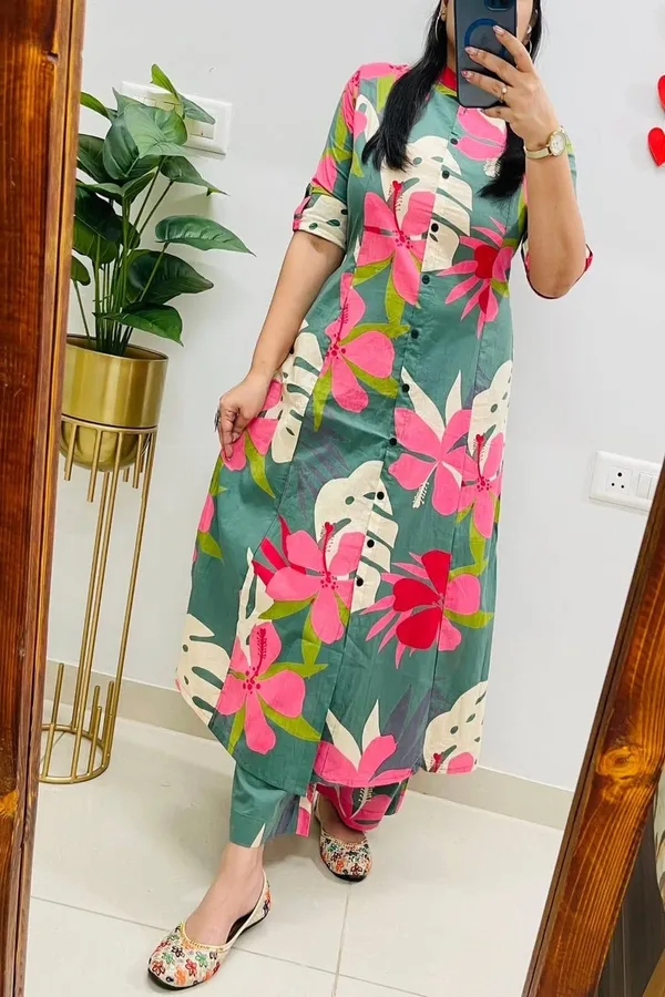 Green_Cotton_Floral_Printed_Kurta_Set_For_Women