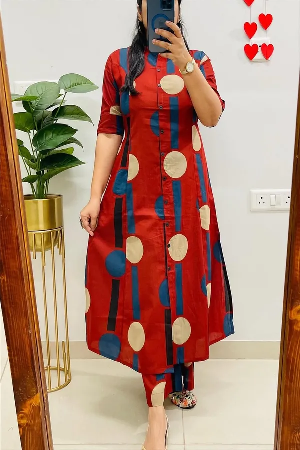 Red_Cotton_Floral_Printed_Kurta_Set_For_Women
