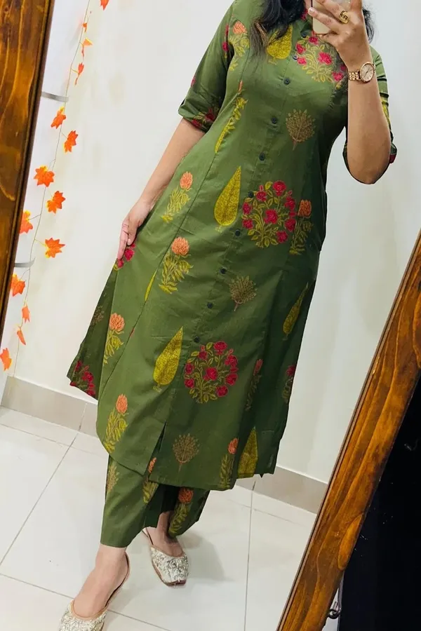 Green_Cotton_Floral_Printed_Kurta_Set_For_Women