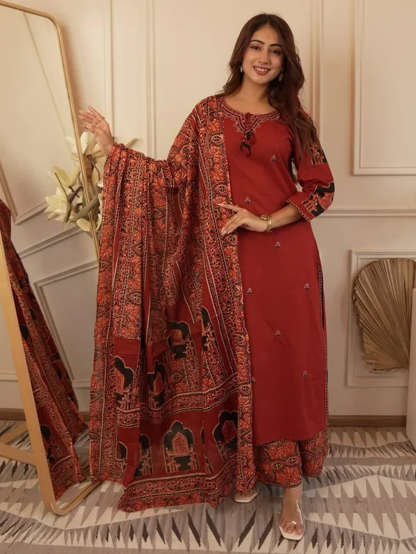 Floral_Embroidered_Pure_Cotton_Round_Neck_Brown_Kurta_Trouser_&_Dupatta_Set