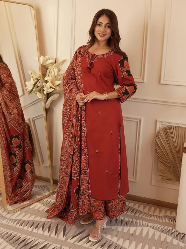 Floral_Embroidered_Pure_Cotton_Round_Neck_Brown_Kurta_Trouser_&_Dupatta_Set